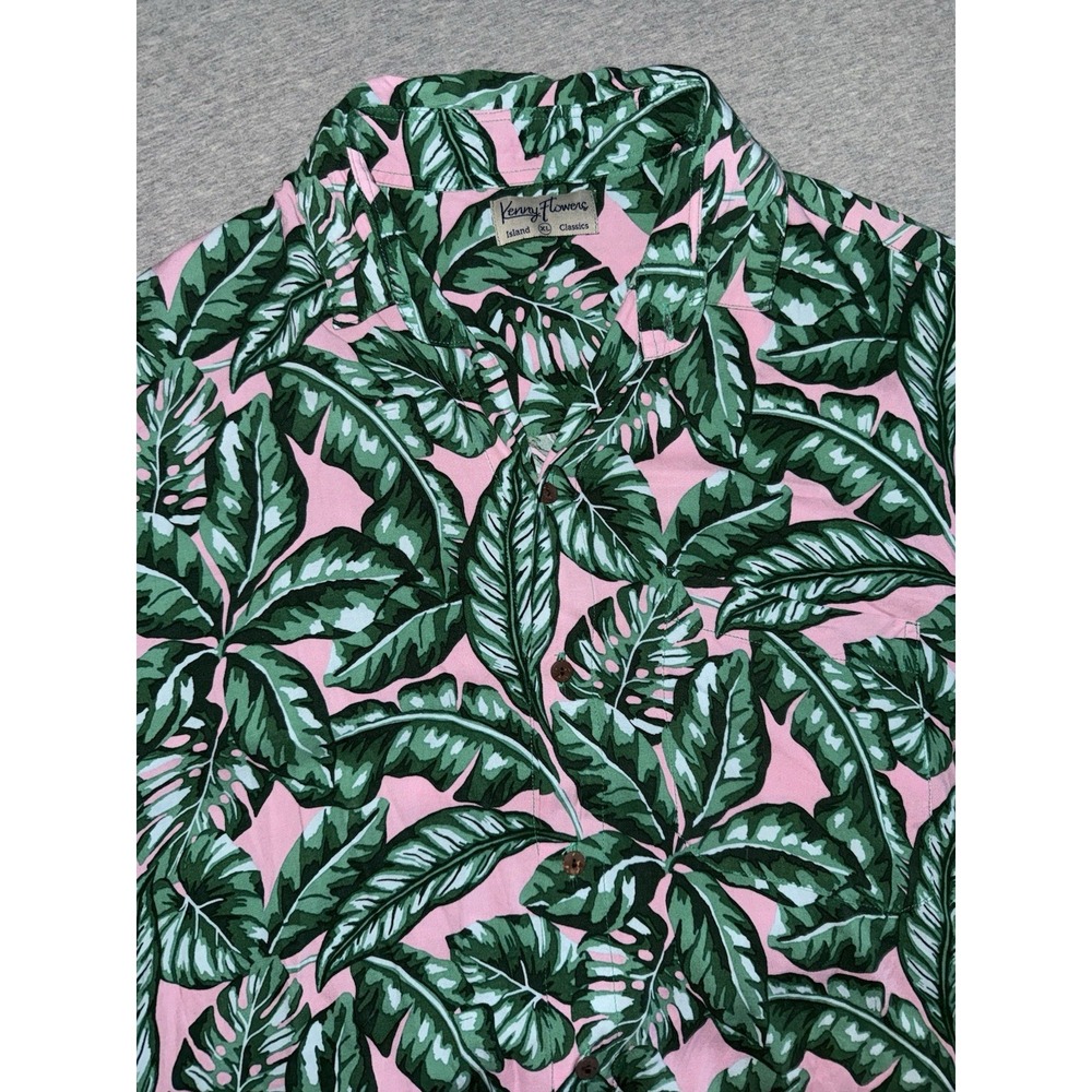 Kenny Flowers Tropical Leaf Hawaiian Shirt Mens Size XL Pink Green Summer Party